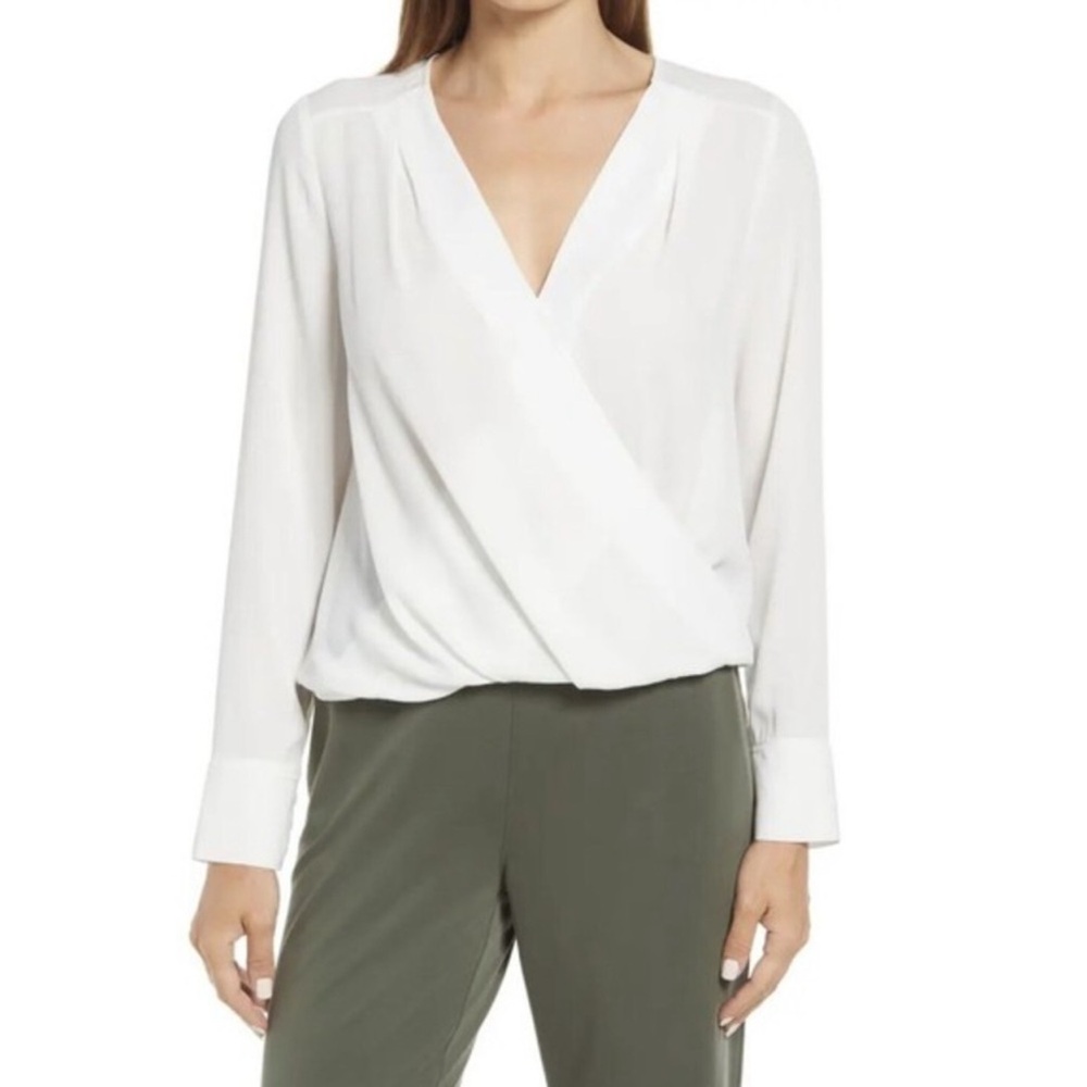 Halogen Long Sleeve Cross Front Blouse in White New Size XS